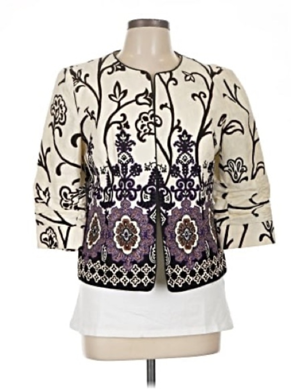 Coldwater Creek Cream Jacket with Black and Purple Embroidery